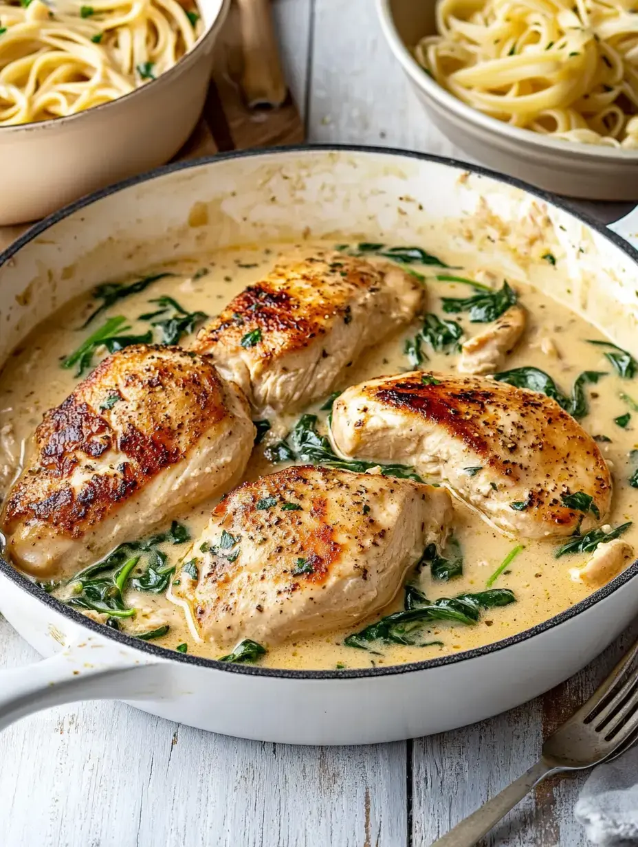 Eine Pfanne voll mit Hähnchen in cremiger Spinatsoße, im Hintergrund Nudeln in kleinen Schalen.