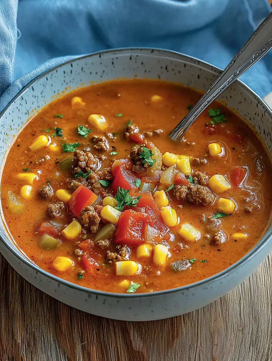 Eine kräftige Suppe mit Hackfleisch, Tomate, Mais und Kräutern in der Schale.