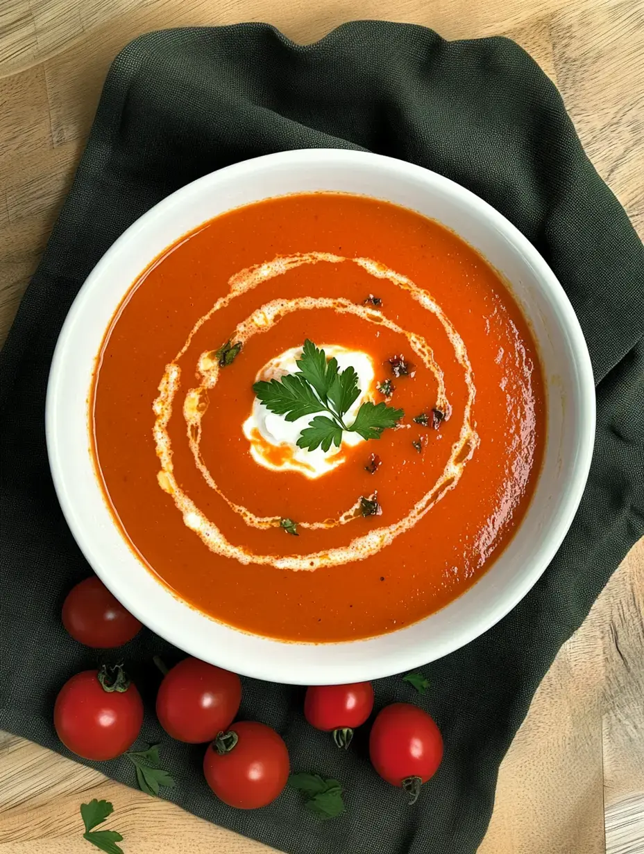 Eine Schale rote Tomatensuppe mit Sahnehäubchen frischer Petersilie und ringsum knackige Tomaten.