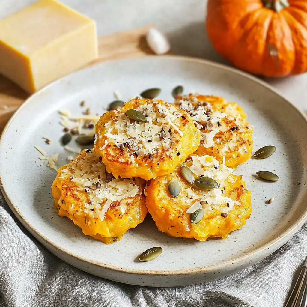 Auf dem Teller liegen vegane Quinoafrikadellen, dekoriert mit Kürbiskernen und geriebenem Käse, daneben ein kleiner Kürbis und kleine Käsewürfel.