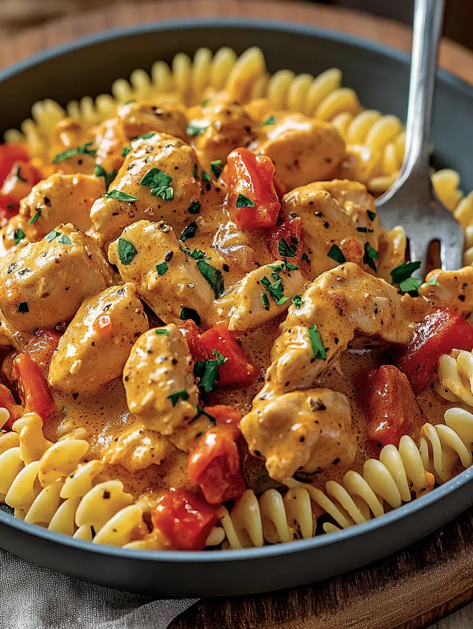 Ein Teller mit Fusilli-Pasta, übergossen mit einer cremigen Sauce aus Hähnchenstücken und Tomaten, garniert mit frischer Petersilie.