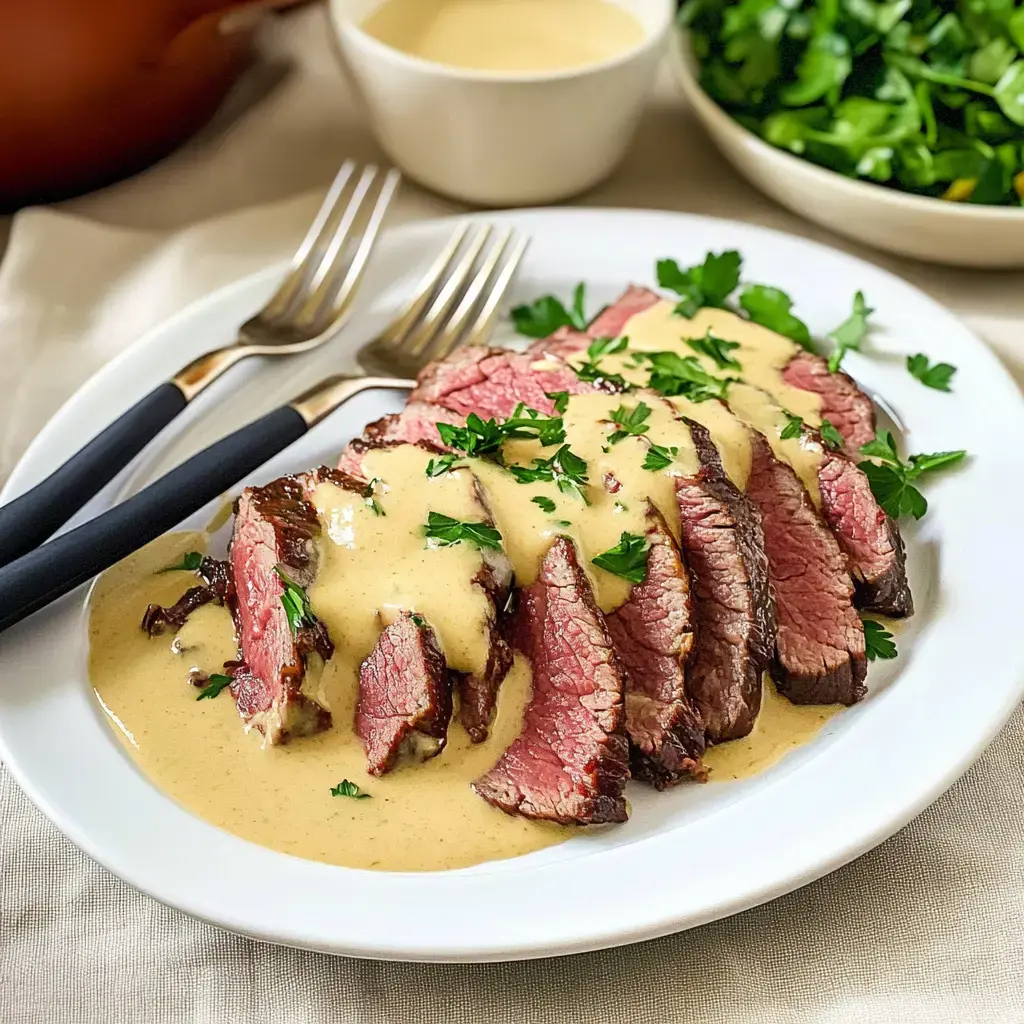 Auf dem Teller liegen hauchdünne Scheiben Rindfleisch, überzogen mit cremiger Soße und frischen Kräutern. Daneben wartet knackiger grüner Salat.