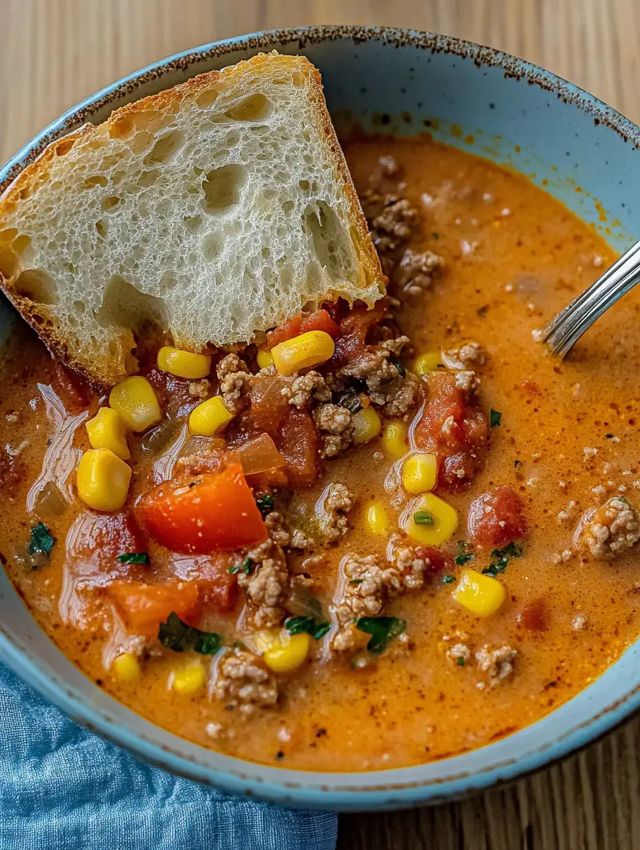 Eine Schale voller deftiger Suppe mit Hack, Tomaten, Mais und Kräutern, dazu Brot.