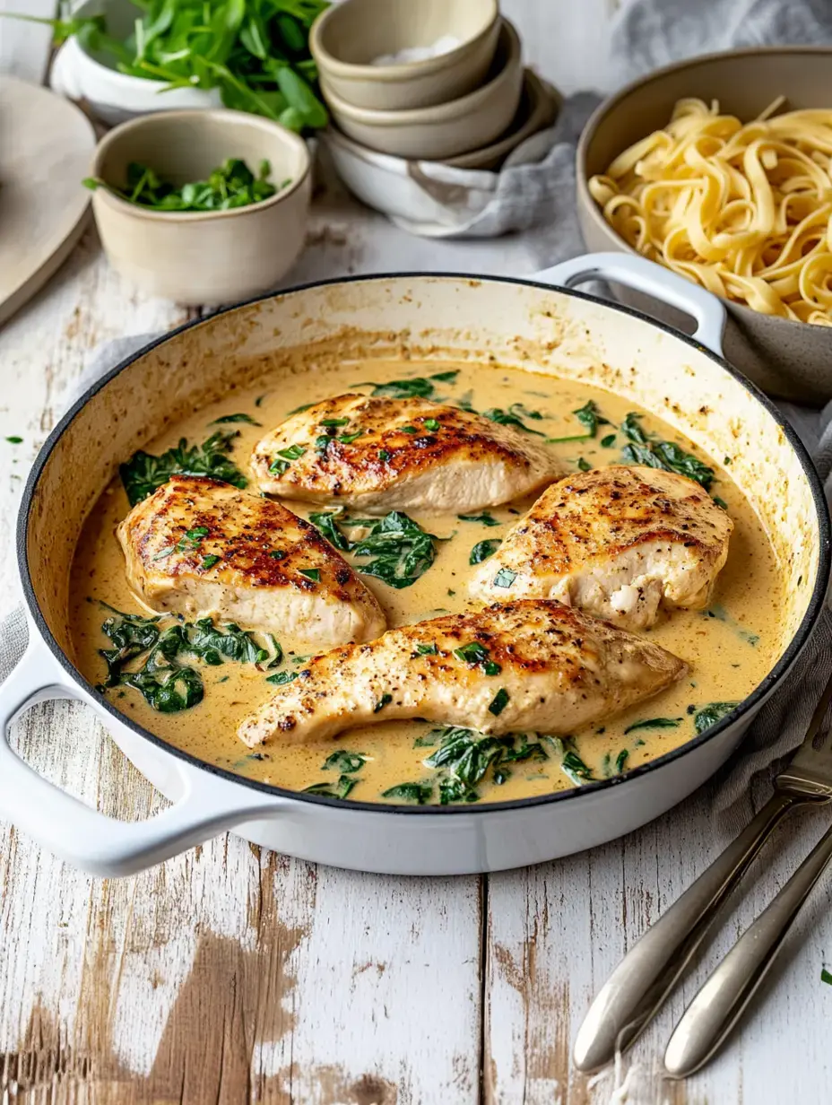 Im Topf brutzeln saftige Hähnchenbrüste in einer cremigen Spinatsauce, daneben frisches Gemüse und Pasta in Schüsseln.