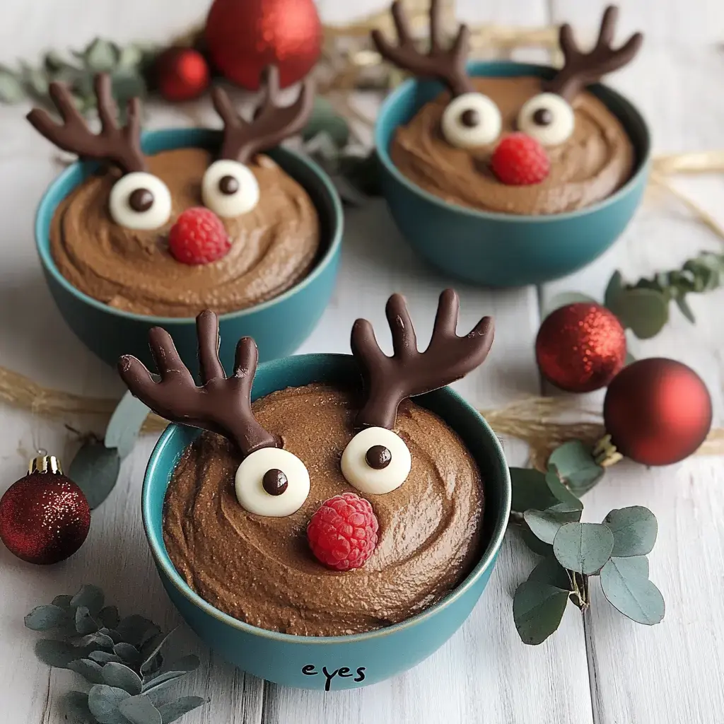Drei Schüsseln mit samtiger Schokoladenmousse, fröhlich mit Rentiergesichtern aus Himbeeren, Schokolade und Zuckeraugen verziert, weihnachtliche Stimmung.