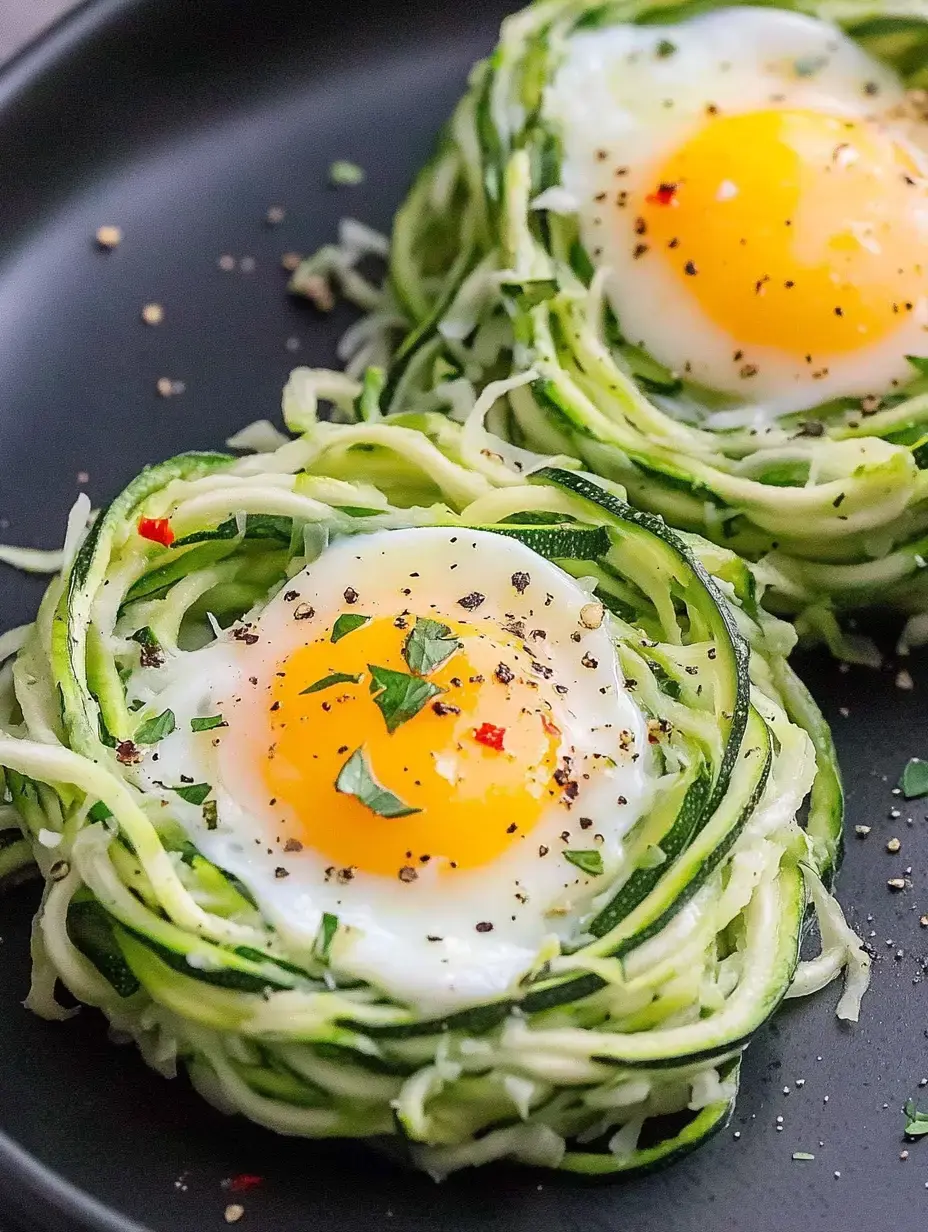 Zwei Zucchini-Spaghetti-Nester mit einem Spiegelei in der Mitte, verfeinert mit Pfeffer und frischen Kräutern, serviert auf einem schwarzen Teller.