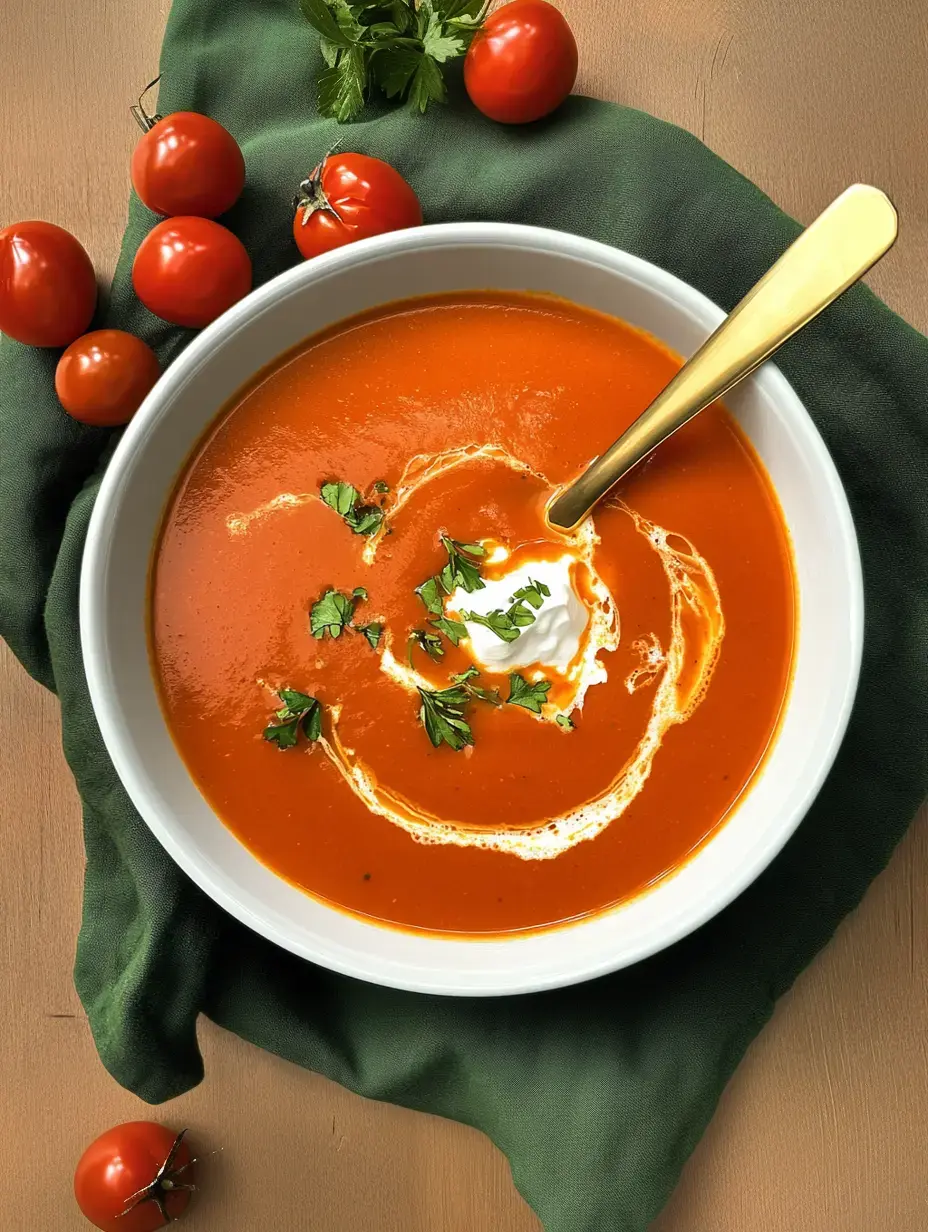 Eine Schale voll Tomatensuppe mit Sahnehäubchen, Koriander, vielen Tomaten und einem grünen Geschirrtuch.