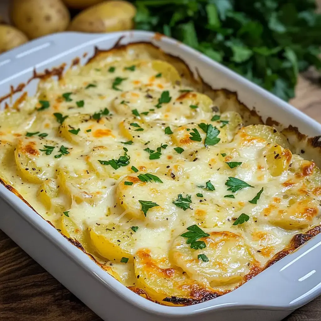 Eine weiße Form voll mit schmelzenden Kartoffeln und goldener Käsekruste, dekoriert mit frischen Kräutern.