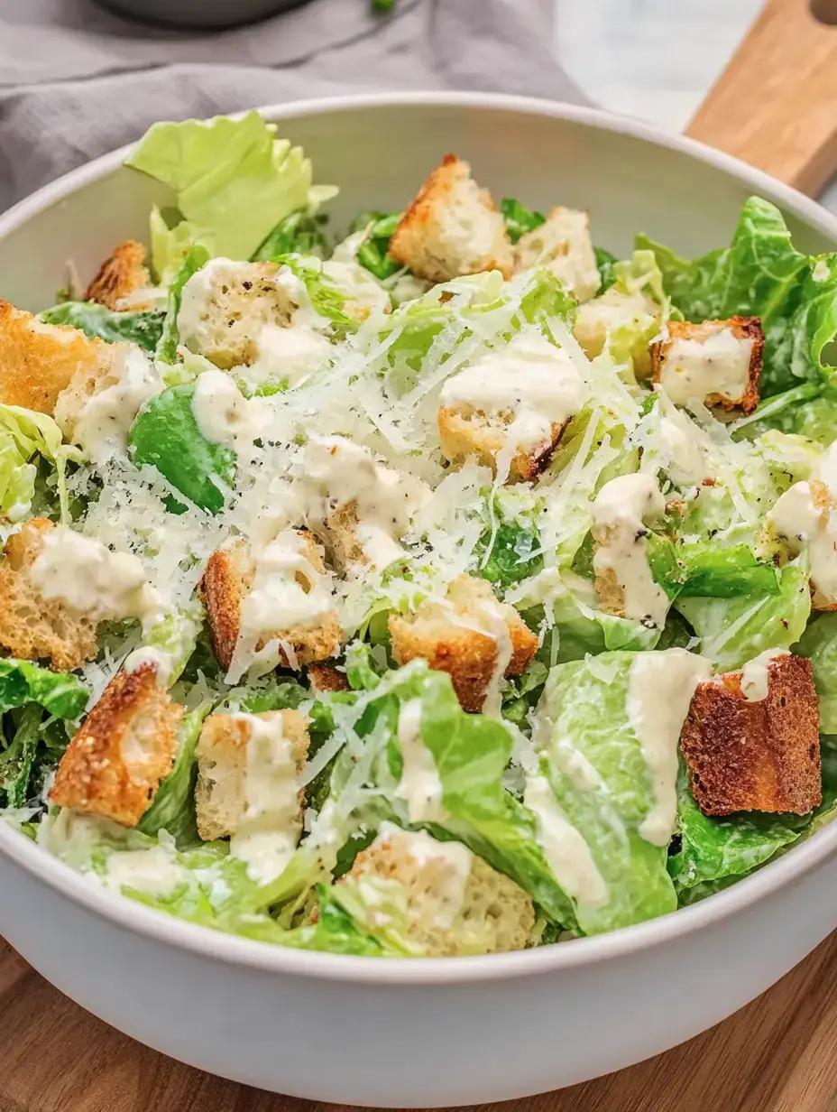 Große Schüssel mit Caesar-Salat, grünen Salatblättern und cremigem Dressing – on top knusprige Croutons.