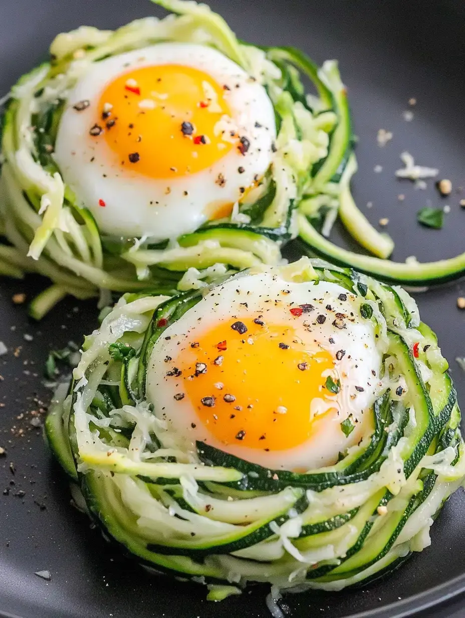 Zwei gebratene Eier in einem Bett aus spiralförmigem Zucchini und Kohl, gewürzt mit Pfeffer und Chiliflocken, liegen in einer Pfanne.