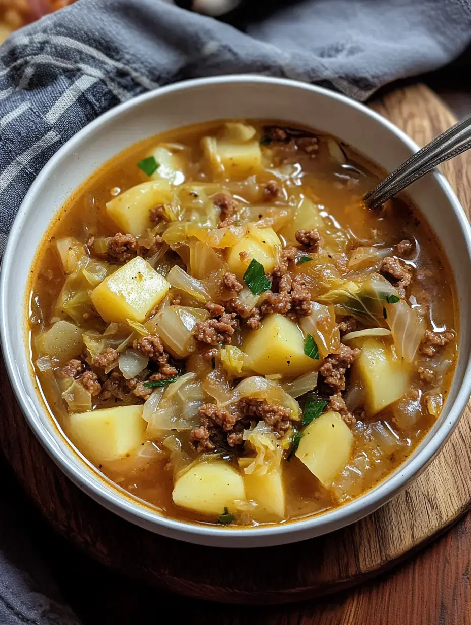 Eine Schale voller herzhafter Suppe mit Kohl, Kartoffeln und Hackfleisch auf Holzbrett.