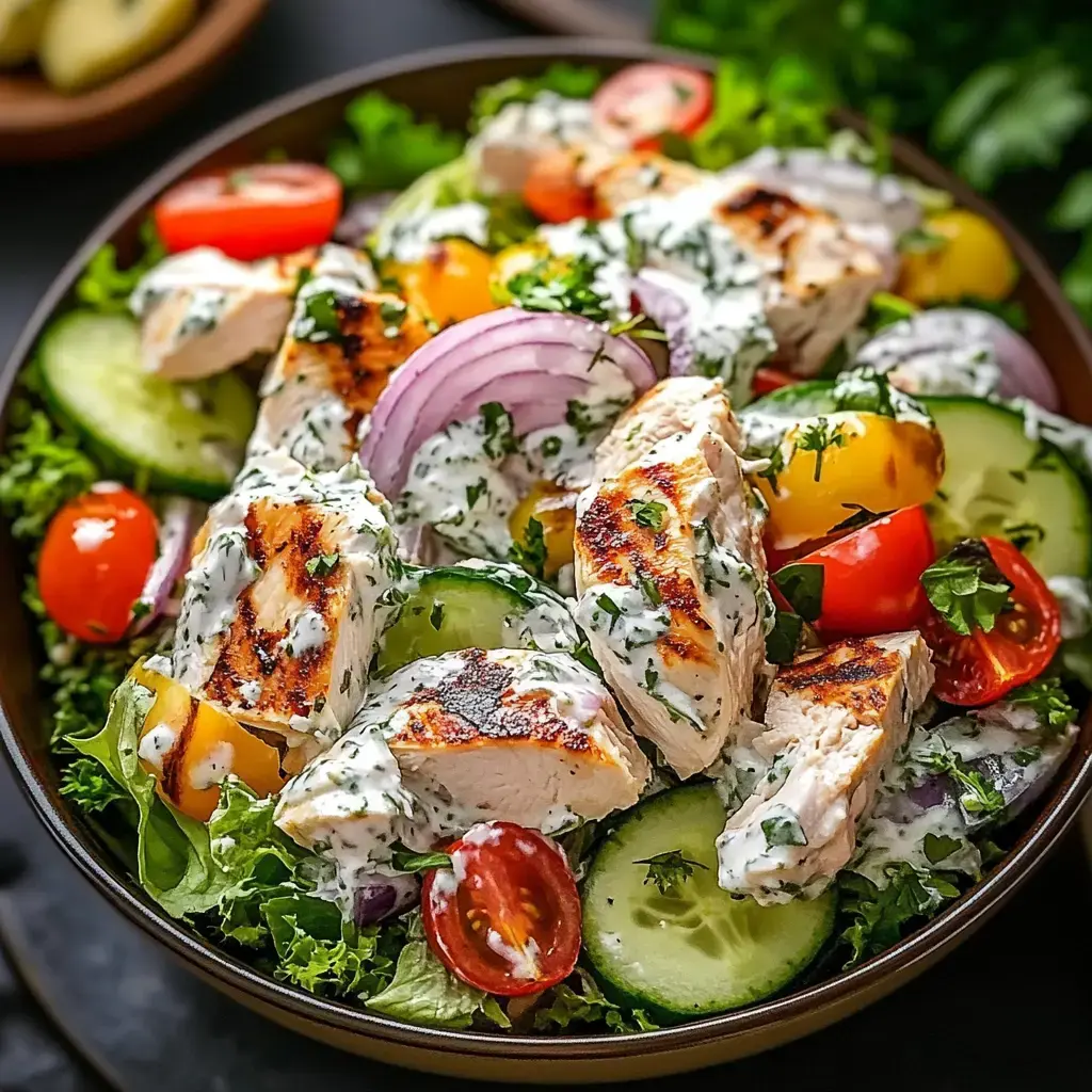 Knallbunter Teller voll mit gegrilltem Hähnchen, Tomaten, Gurke, roten Zwiebeln und cremigem Kräuterdip.