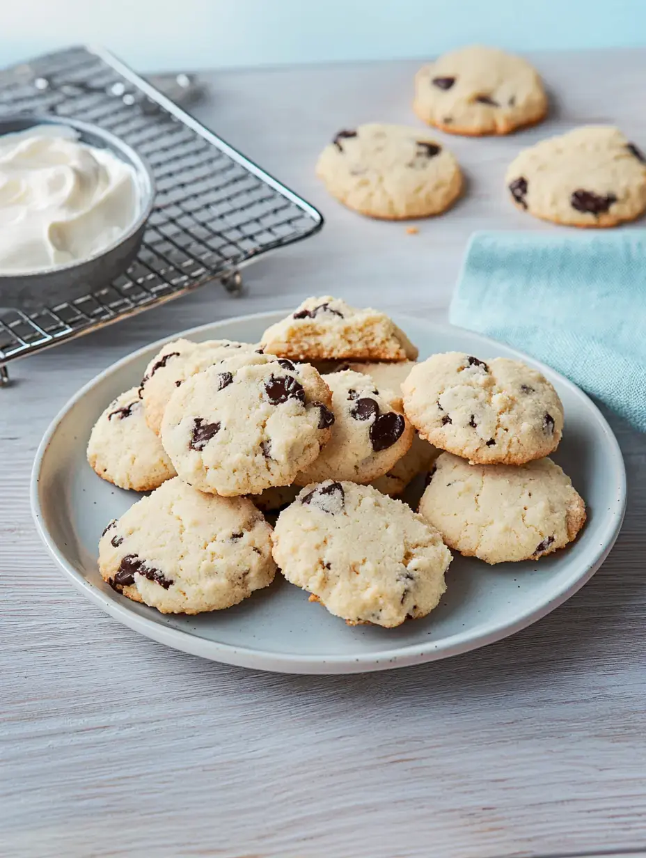 Auf dem Tisch steht ein Teller warmer Schokokekse mit Sahne und weiteren Cookies.