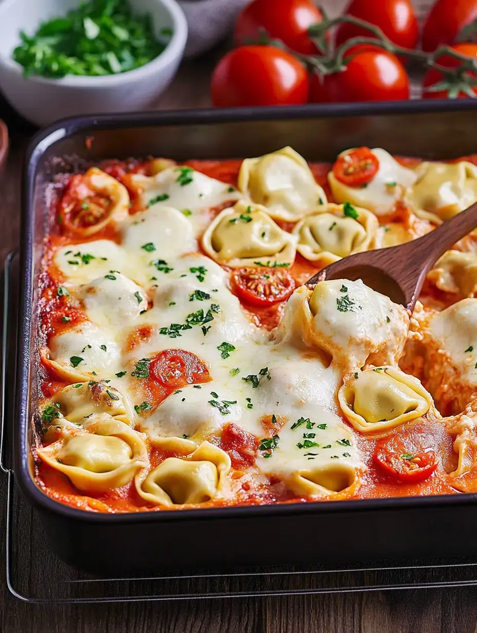 Ein Auflauf mit gefüllten Teigtaschen, überzogen mit geschmolzenem Käse und Tomatensauce, garniert mit frischer Petersilie.