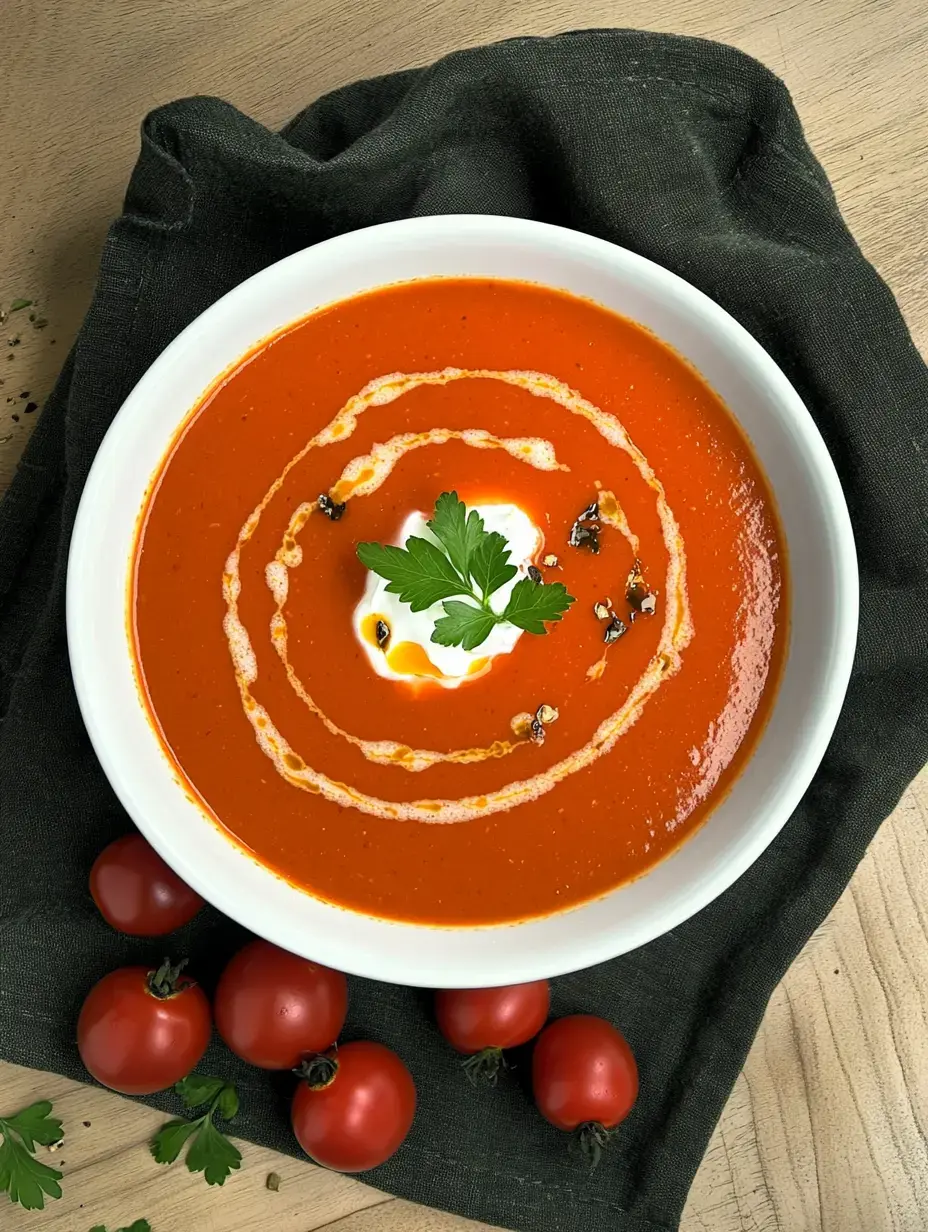 Eine Schale Tomatensuppe mit Sahne, etwas Öl und frischer Petersilie, umgeben von Kirschtomaten.