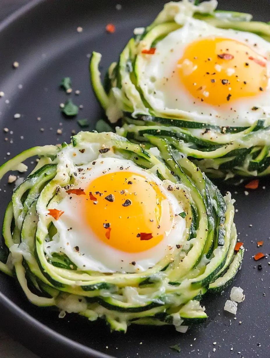 Zwei Zucchini-Ringe mit einem gebratenen Ei in der Mitte, verziert mit verschiedenen Gewürzen auf einem schwarzen Teller.