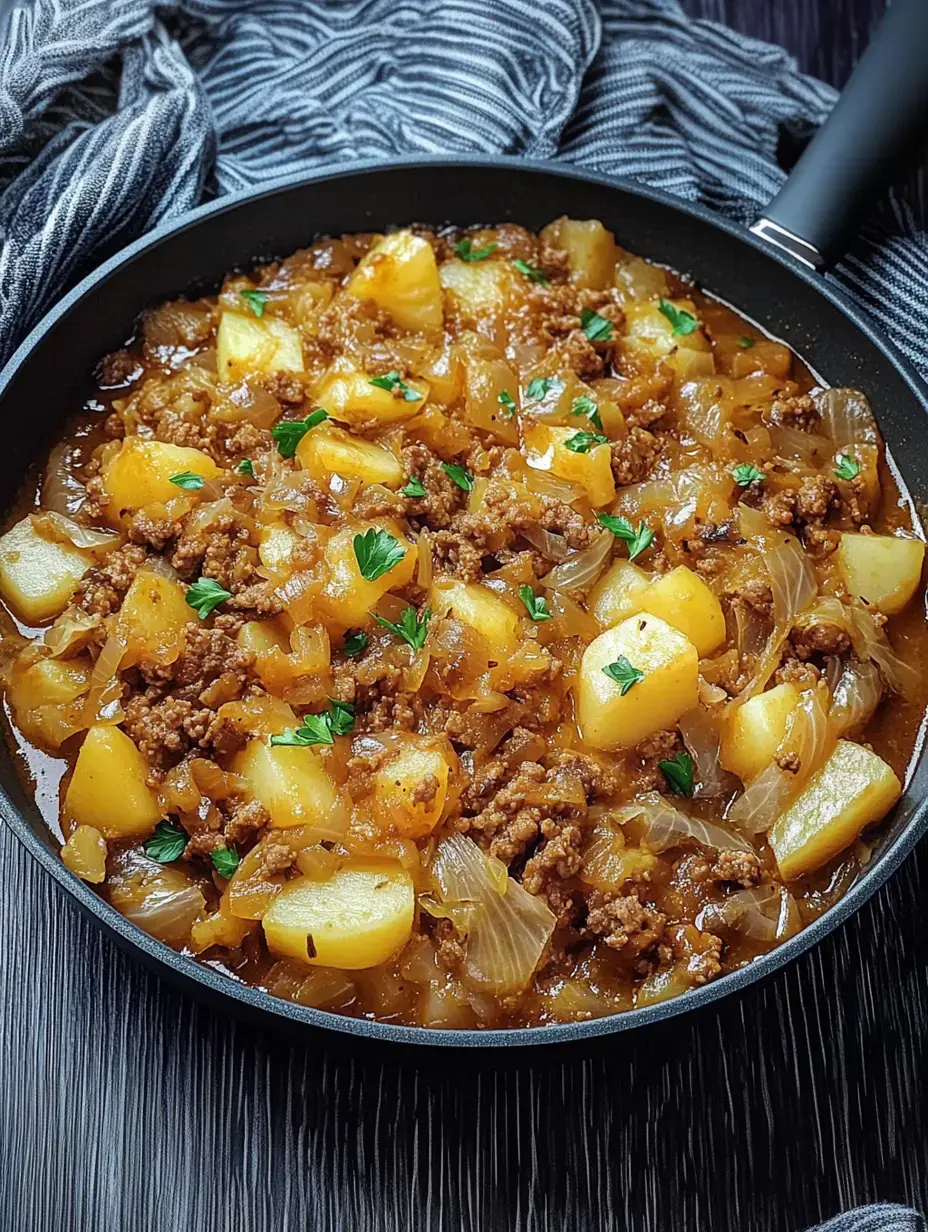 Kleiner Topf voller Kartoffeln, gehacktem Fleisch und Zwiebeln, getoppt mit frischer Petersilie.