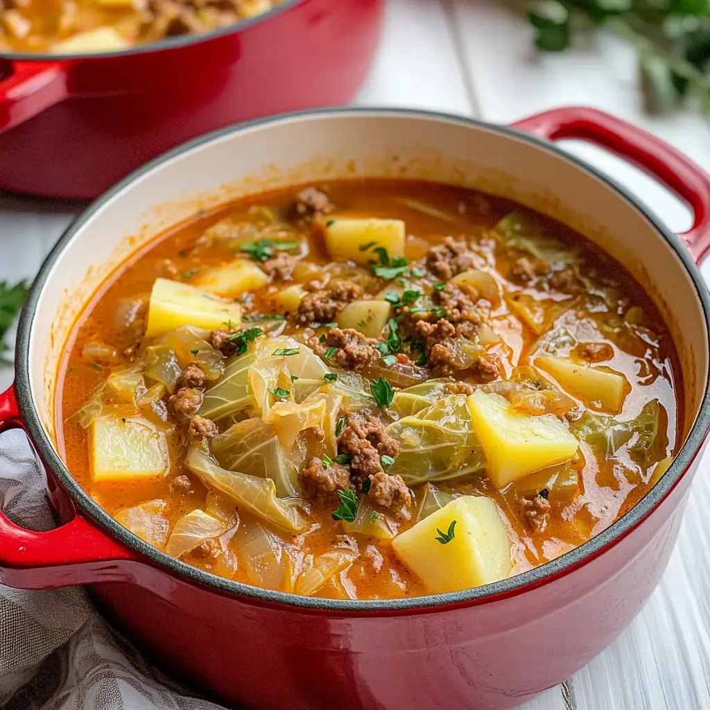 Ein roter Topf voll mit Kohl, Kartoffeln und Hack in leckerer Sauce wartet auf euch.