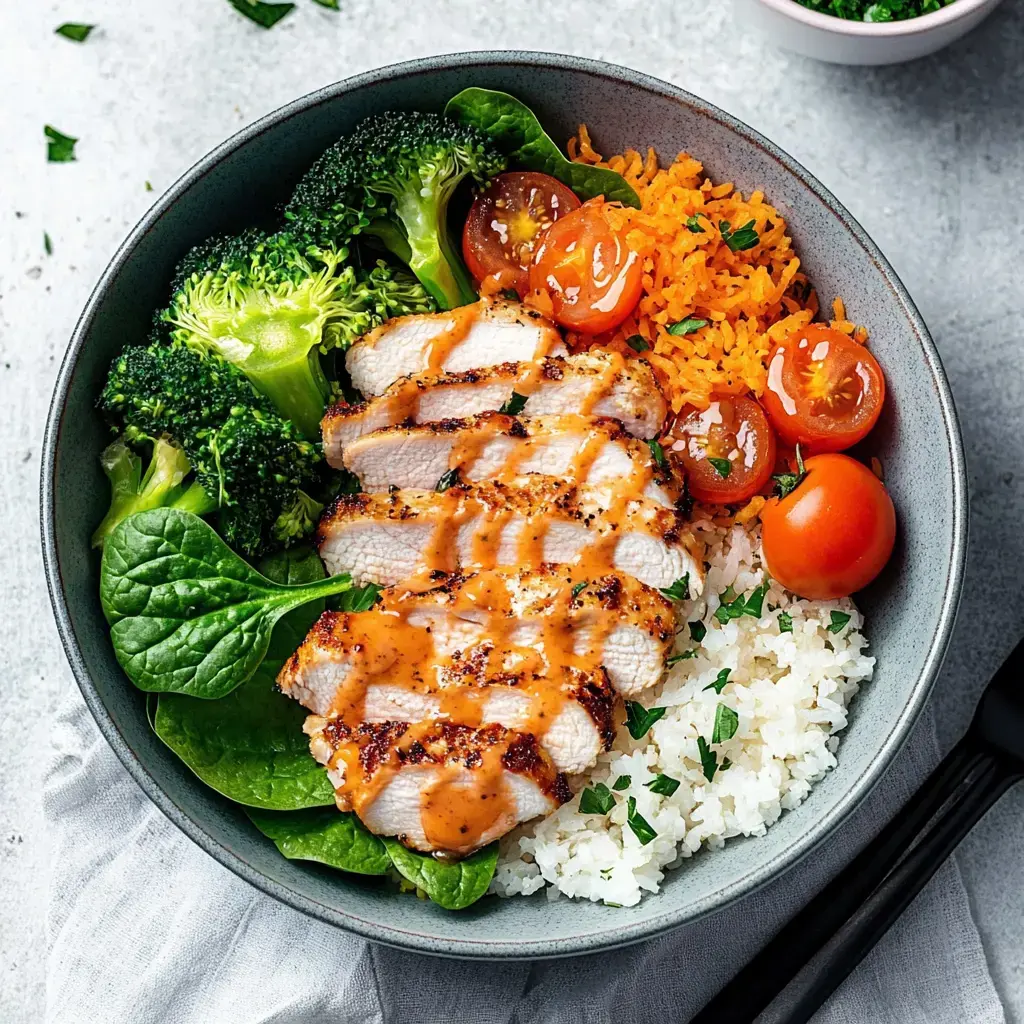 Eine Bowl mit saftigem Hähnchen, Reis, Brokkoli, Karotten, kleinen Tomaten und Spinat, getoppt mit Soße.