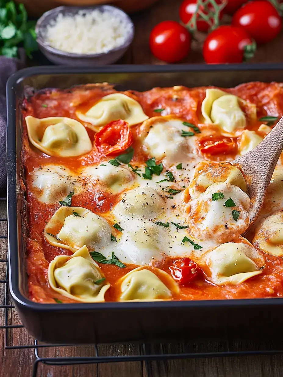 Ein Auflauf mit Tortellinis in Tomatensauce, garniert mit Käse und frischen Kirschtomaten.