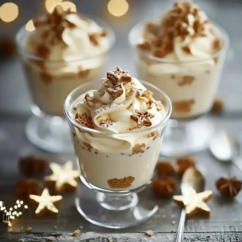 In drei Gläsern schichten sich cremige Desserts. Oben drauf liegen Kekssterne, rundherum streuen bunte Deko-Details.