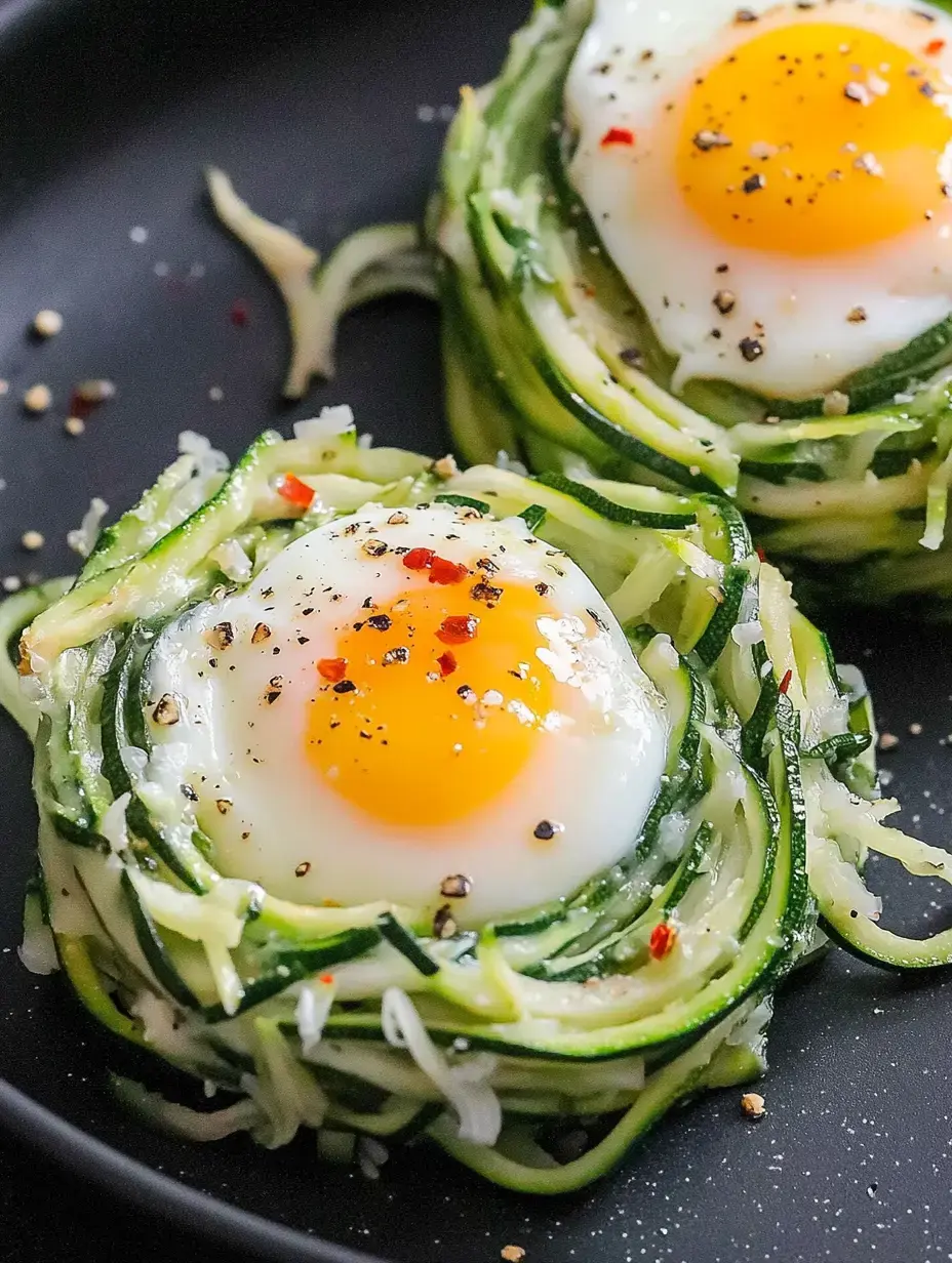 Zwei pochierte Eier auf einem Bett aus spiralförmig geschnittener Zucchini, gewürzt mit schwarzem Pfeffer und roten Chiliflocken.