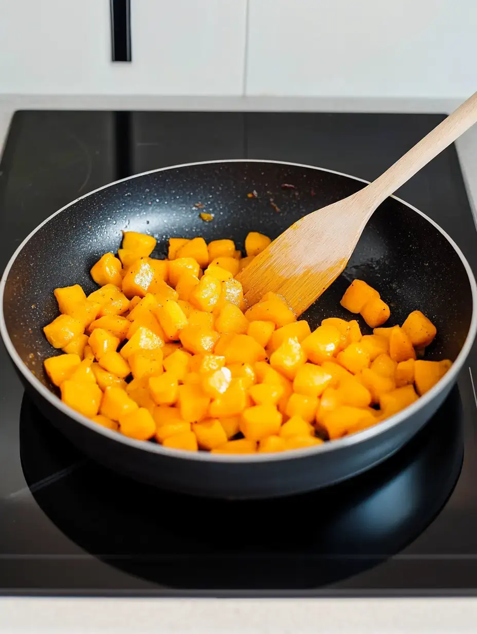 Mit einem Holzlöffel braten orange Kürbiswürfel in einer heißen Pfanne.