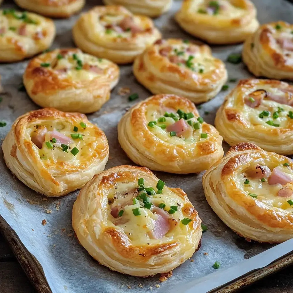 Goldbraune Blätterteigschnecken mit Schinken und frischem Schnittlauch auf einem Backblech.