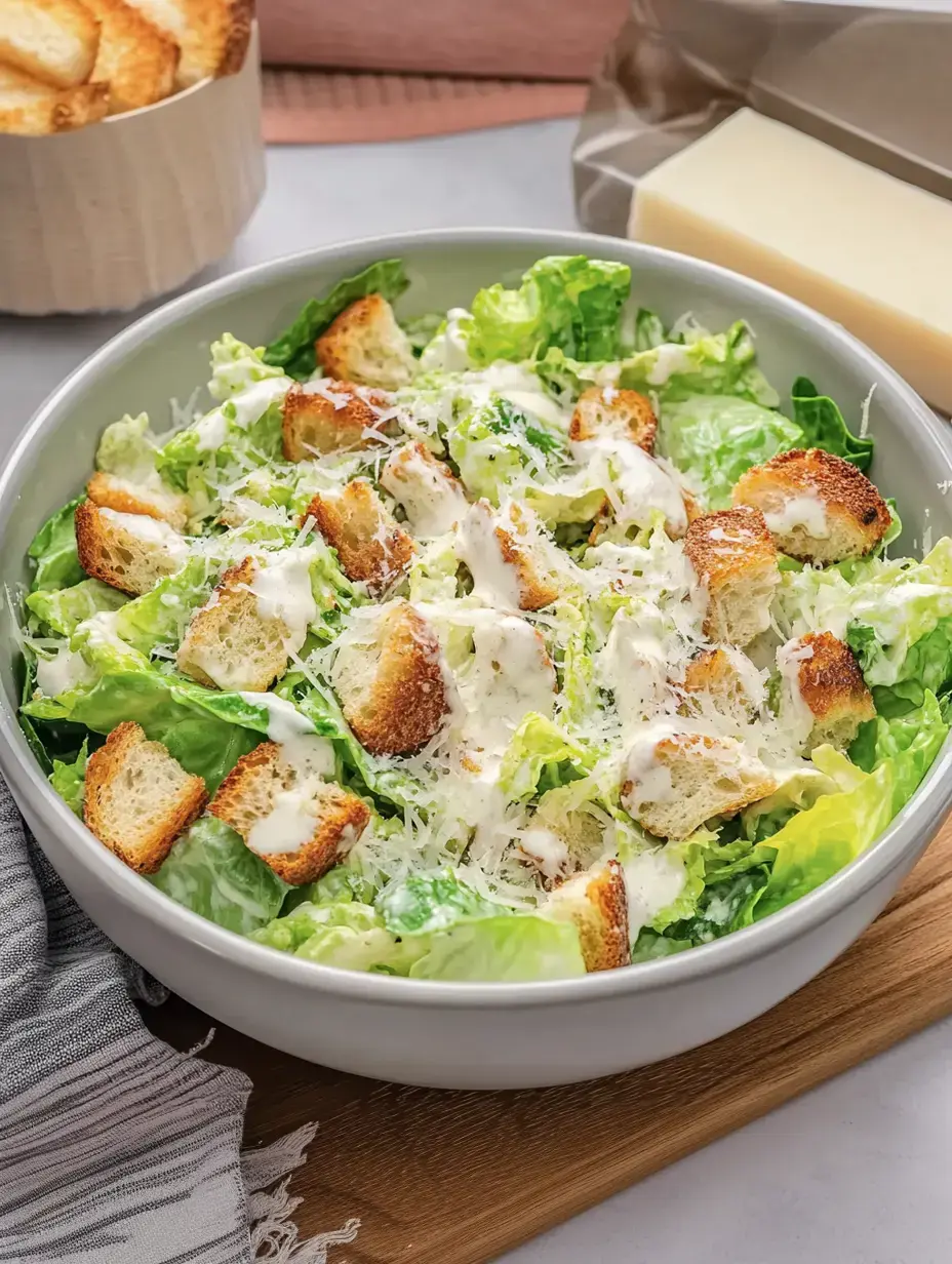 Schale mit Caesar-Salat: knackiger Römersalat, cremiges Dressing, goldene Croutons und frischer Käse obendrauf.