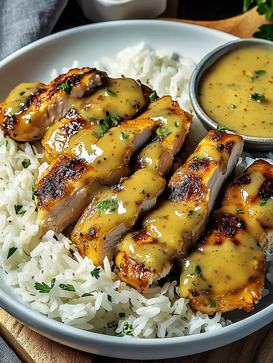 Saftiges Hähnchenfilet liegt auf fluffigem Basmatireis und ist mit cremiger Sauce bedeckt.