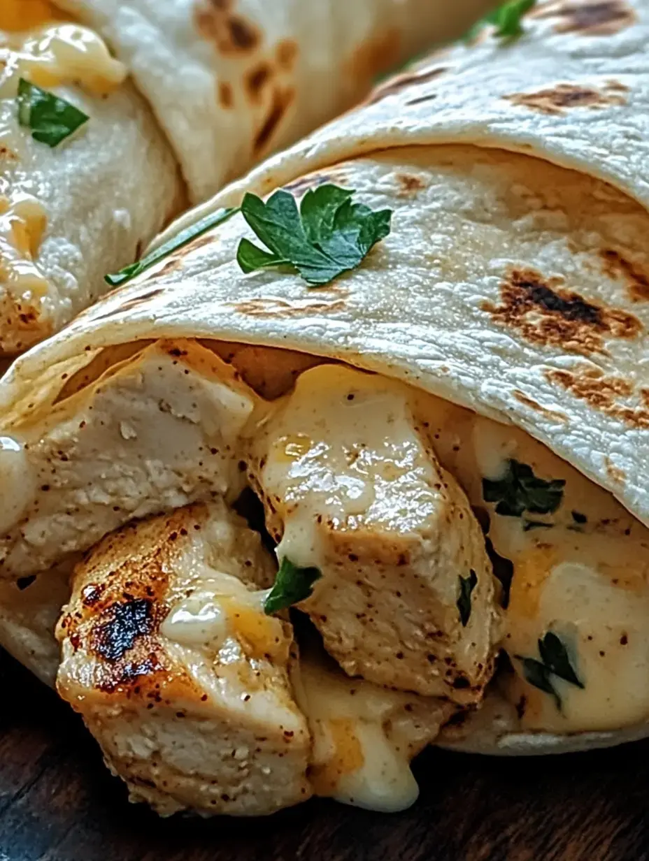 Eine Nahaufnahme von weich gebratenen Tortillas mit Hähnchenstücken und cremiger Soße, verziert mit frischer Petersilie.