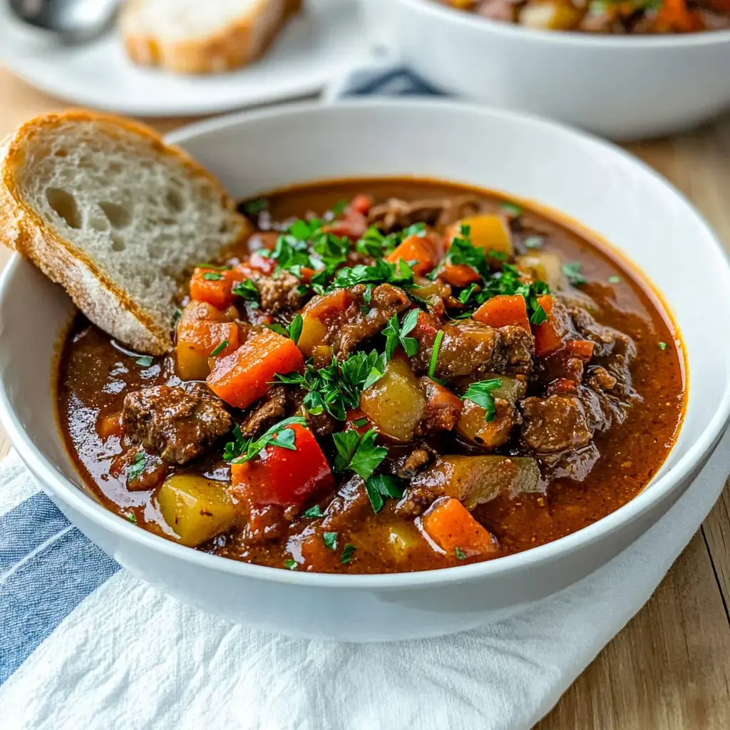 Eine Schüssel mit kräftigem Eintopf, voller Fleisch und Gemüse, gekrönt mit Petersilie, dazu frisch gebackenes Brot.