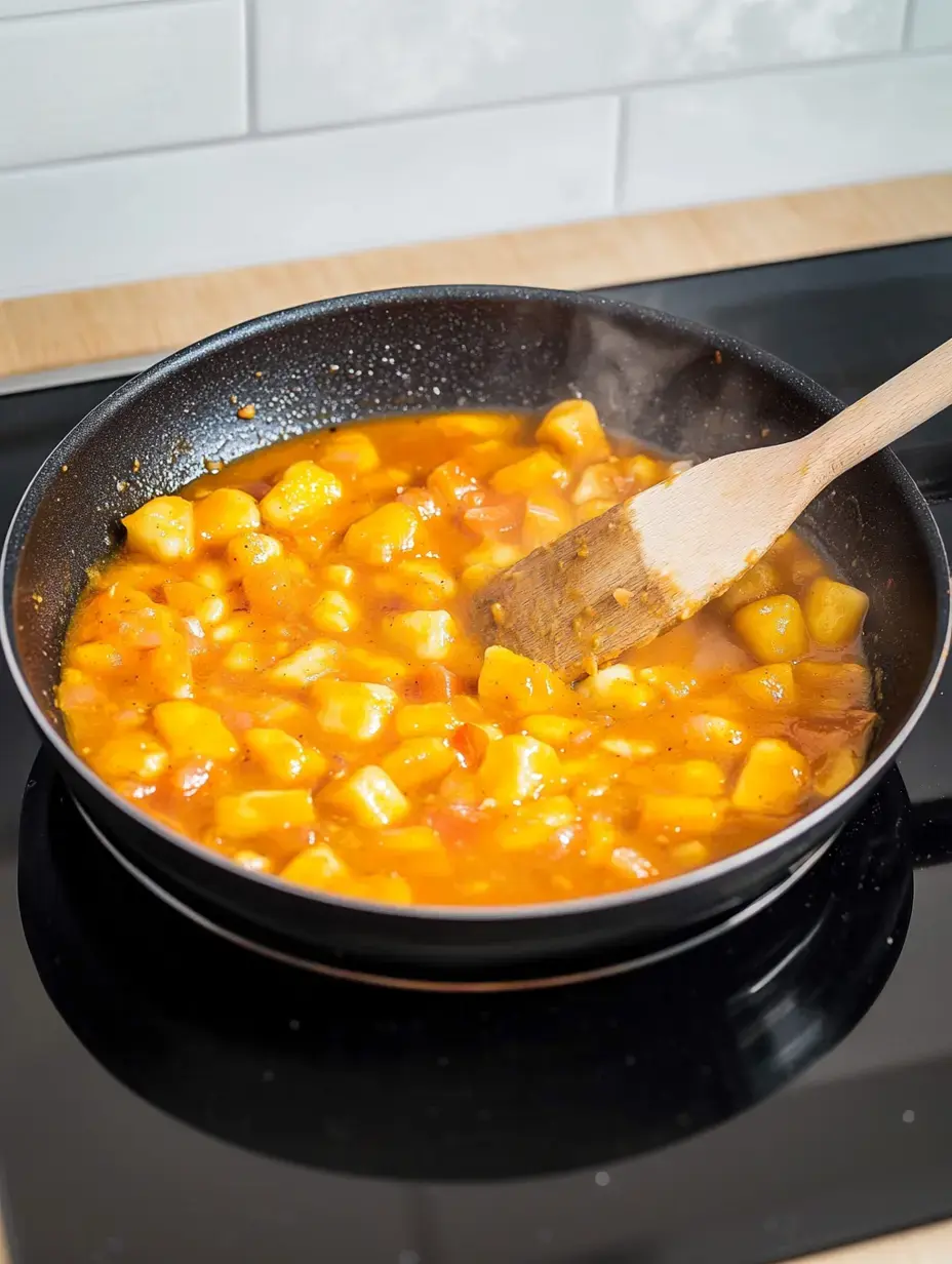 Gnocchi köcheln in würziger Tomatensoße und werden mit einem Holzlöffel durchgeschwenkt.