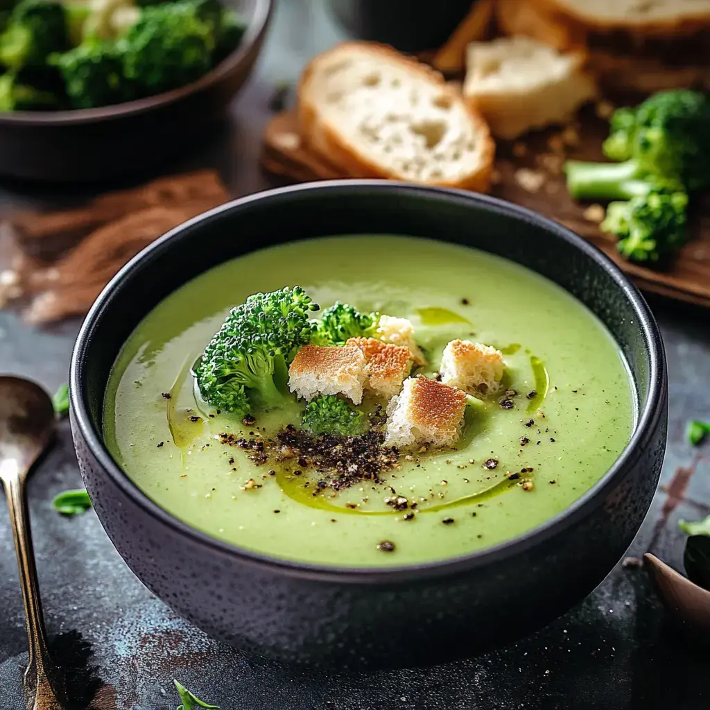 Teller mit cremiger Brokkolisuppe dekoriert mit Röstschnitten, Brokkoliröschen und Pfeffer.