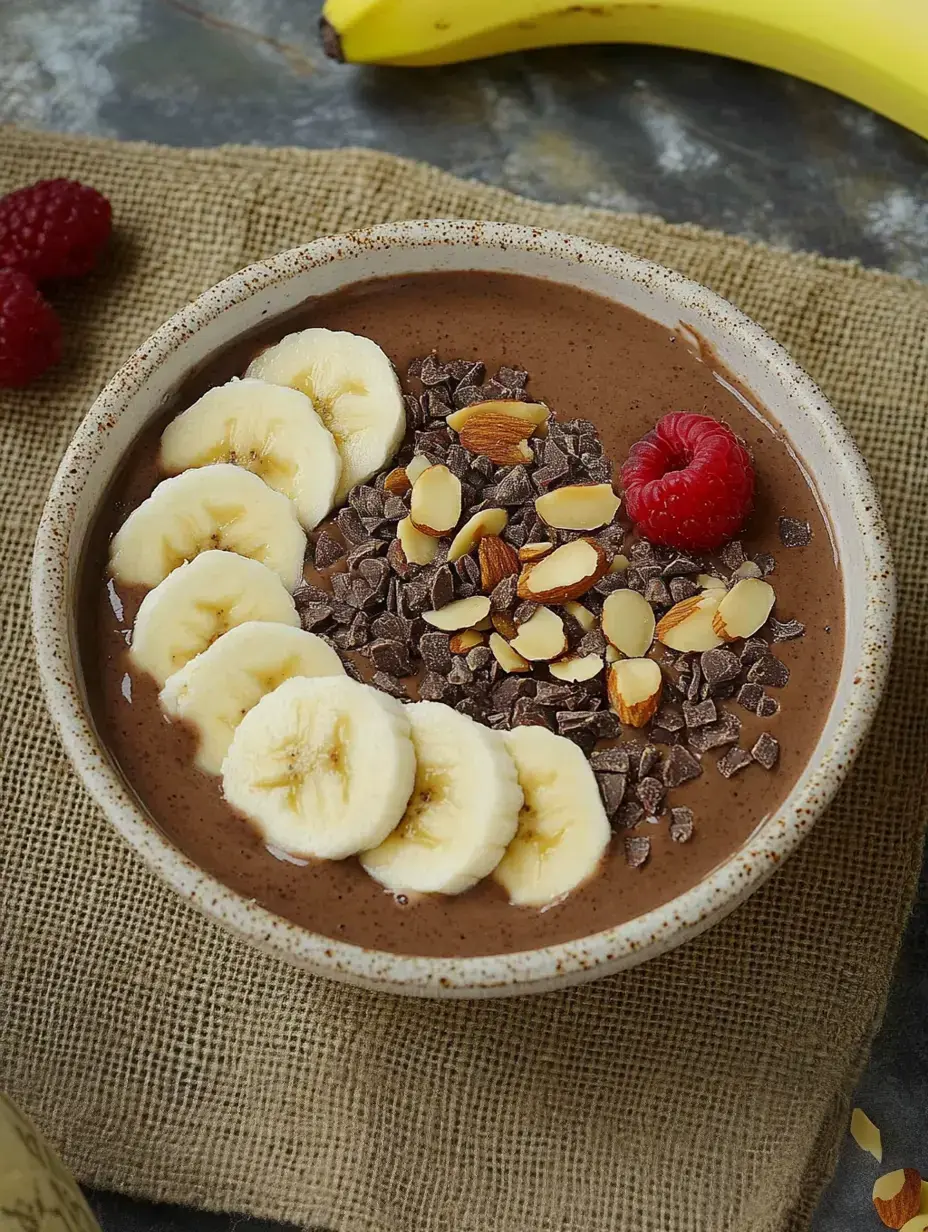 Eine hübsch angerichtete Schüssel mit schokoladigem Smoothie, garniert mit Bananenstücken, knackigen Mandeln, etwas Schokolade und einer roten Himbeere. Gleich daneben eine Banane.