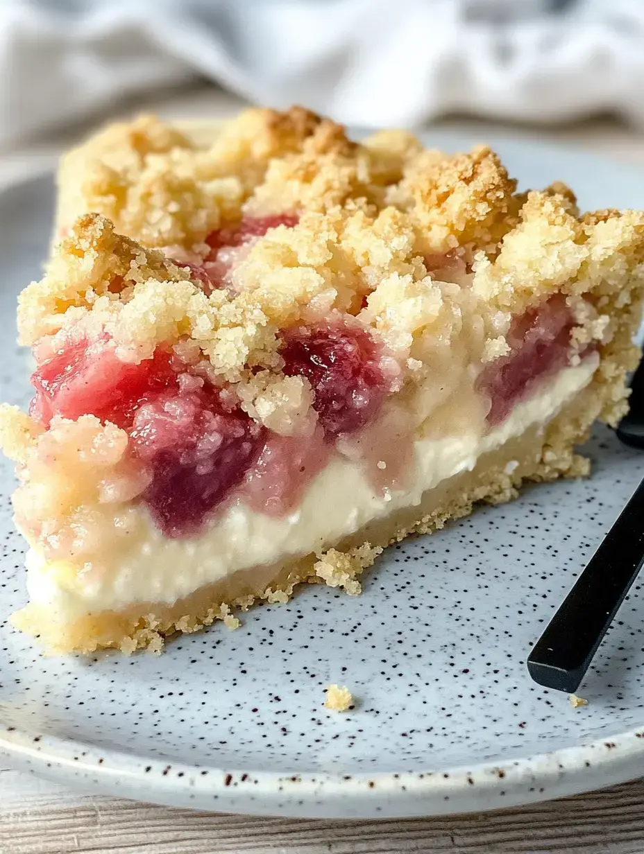 Ein Stück Kuchen mit einer cremigen Füllung und fruchtiger Füllung, bedeckt von knusprigen Streuseln, auf einem Teller.