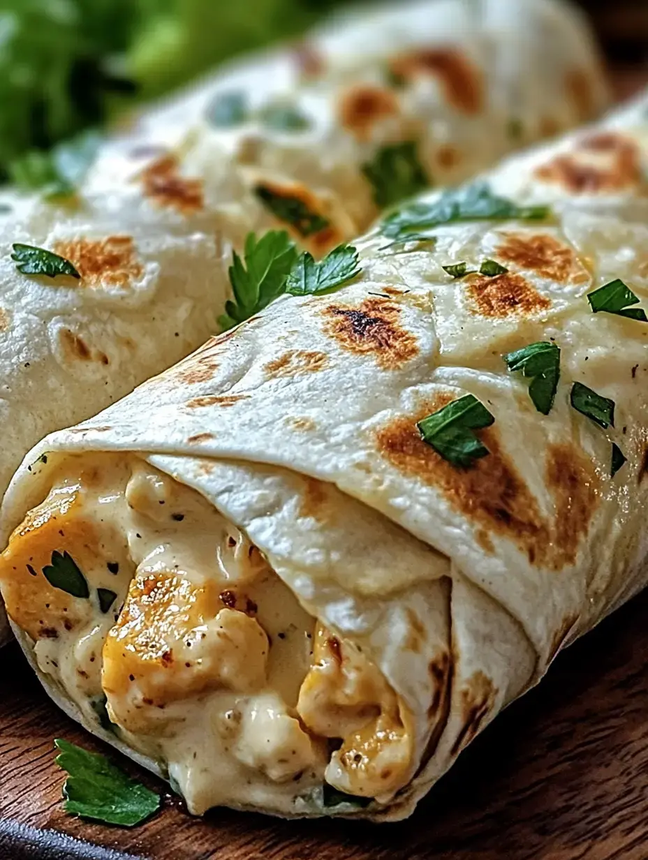 Ein nahes Bild von gerollten Tortillas mit cremiger Füllung und frischem Koriander als Garnitur.