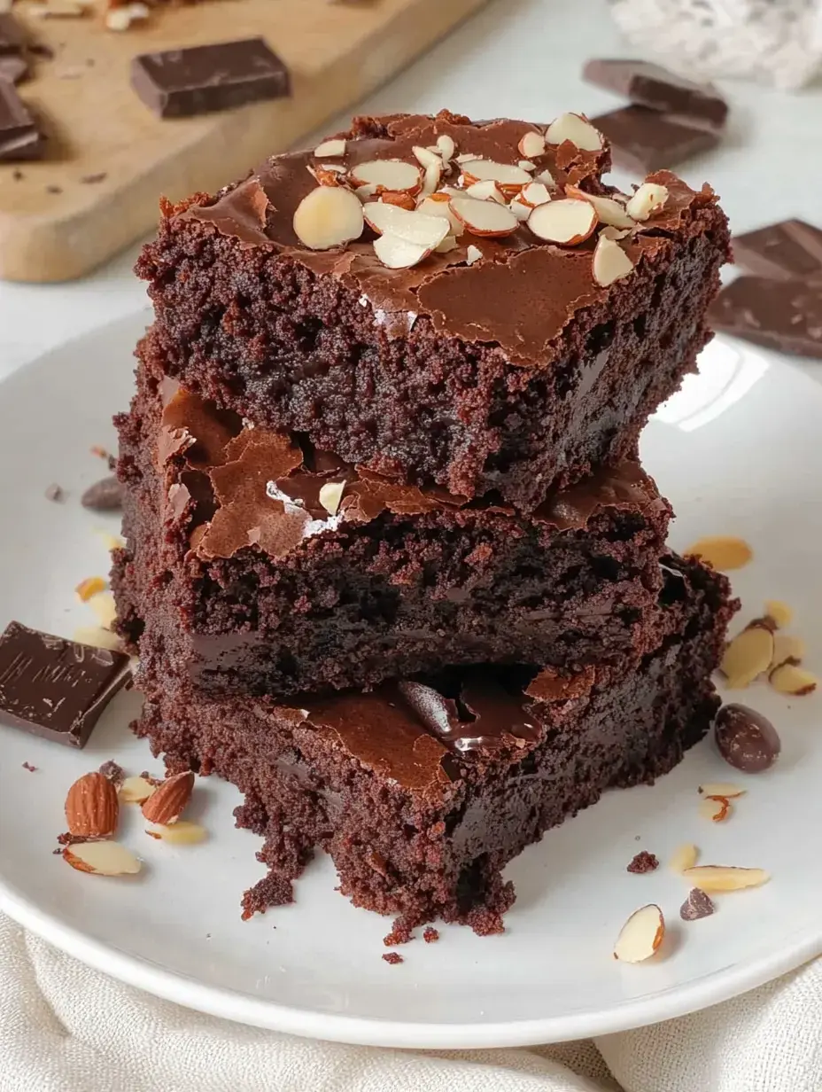 Drei aufeinandergestapelte Brownies, dekoriert mit Mandelsplittern auf weißem Teller zwischen Schokostückchen.