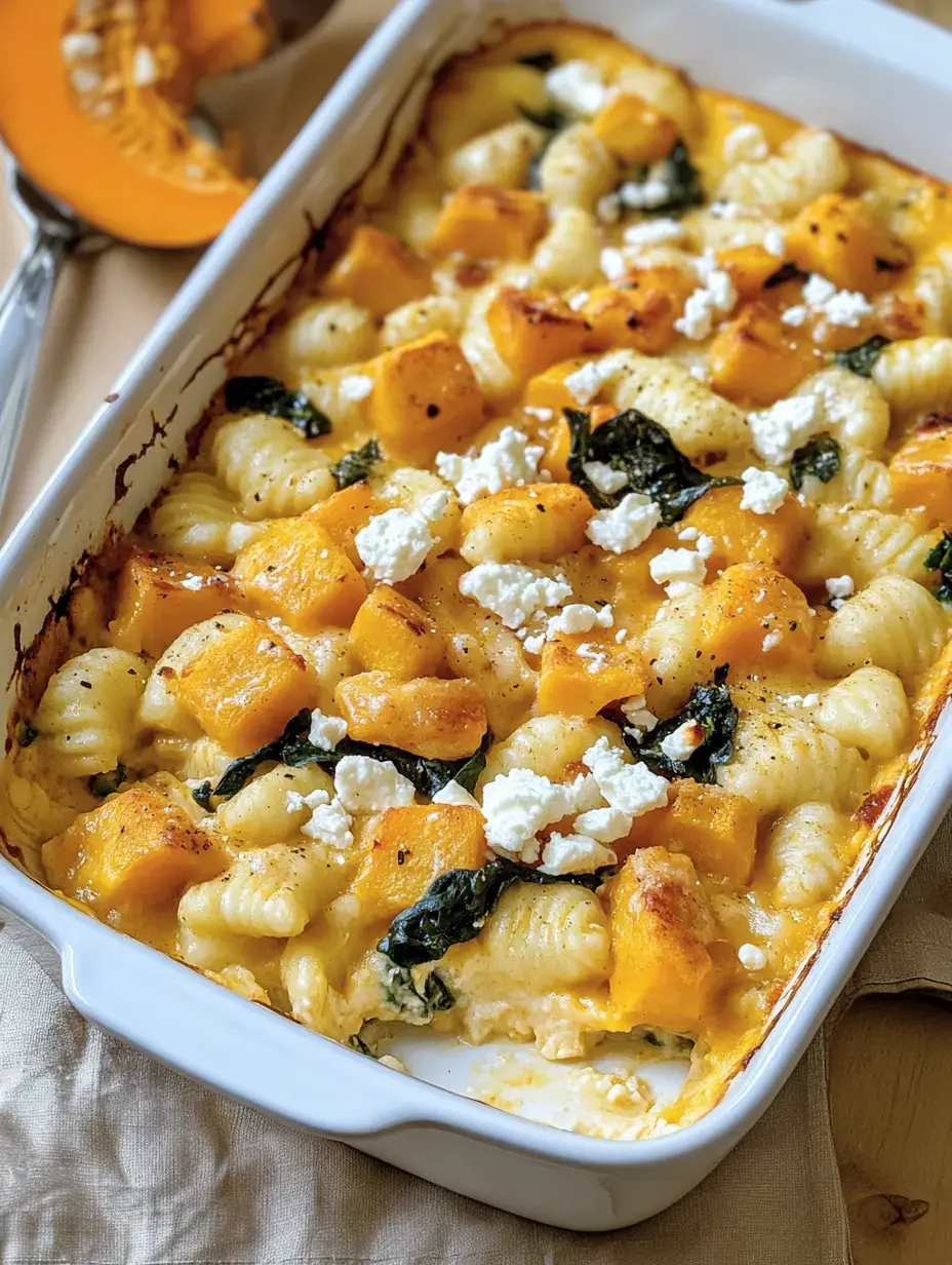 Eine weiße Form voller Auflauf aus Gnocchi, Kürbis, Spinat und Feta.