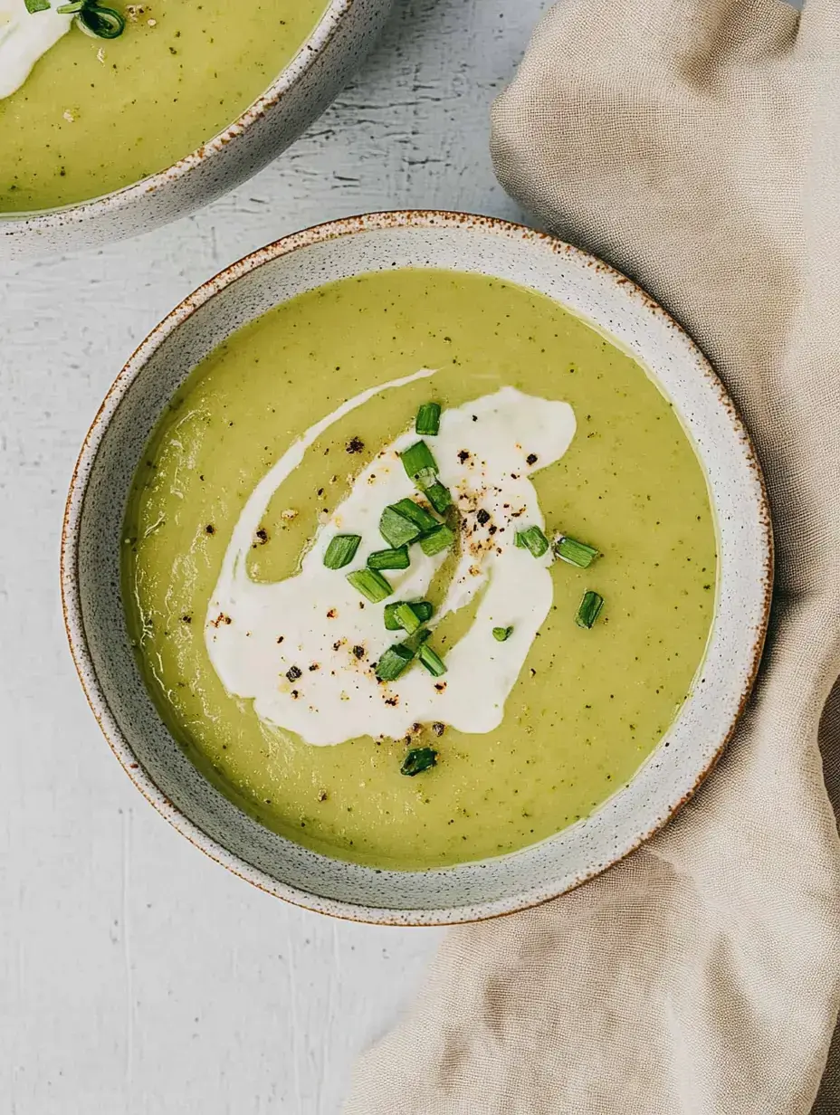 Eine Schale mit grüner Brühe, getoppt mit säuerlicher Sahne und frischem Schnittlauch, auf hellem Tisch untergebracht.