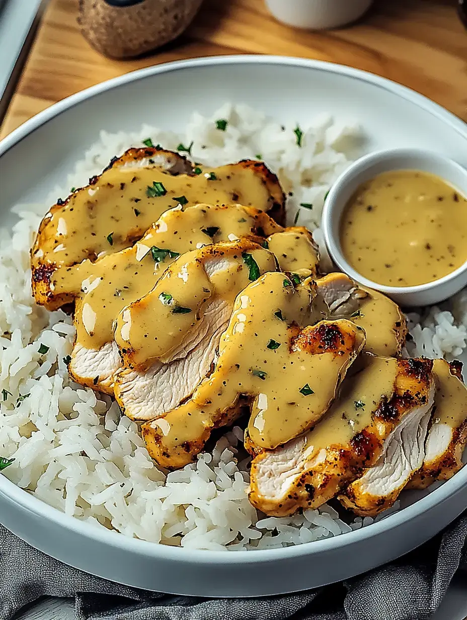 Auf einem Berg Reis liegt Hähnchenfilet, in Scheiben, mit cremiger Sauce überzogen.