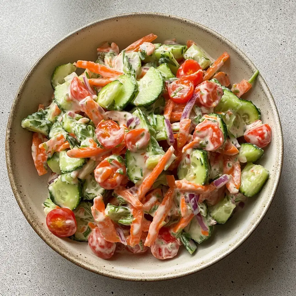 Du siehst eine bunte Salatschüssel mit Gurke, Karotte, Tomaten und Zwiebelringen in cremiger Soße.