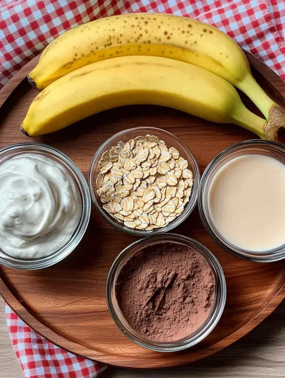 Viele Zutaten schön angerichtet: Zwei Bananen, Haferflocken, cremiger Joghurt, Kakaopulver und noch etwas Flüssiges, alles hübsch arrangiert auf einem Holzbrett mit kariertem Tuch.