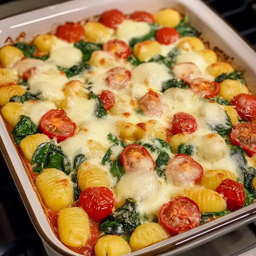 Ein Ofengericht mit Gnocchi, Spinat und Tomaten, überbacken mit cremigem Käse.
