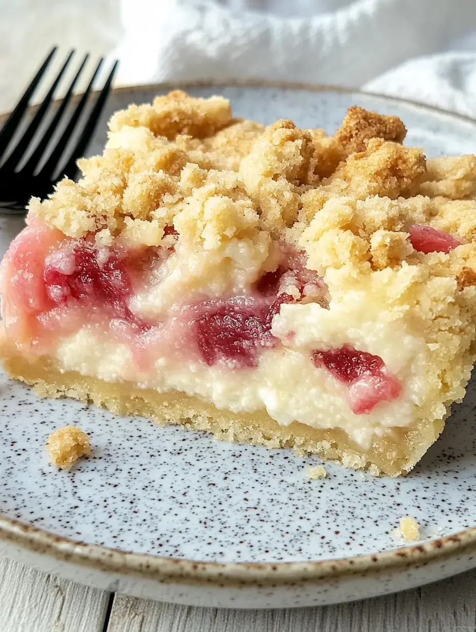 Ein Stück Kuchen mit einer Schicht aus Käse- und Fruchtfüllung, bedeckt mit krümeliger Streuselkruste, auf einem weißen Teller.