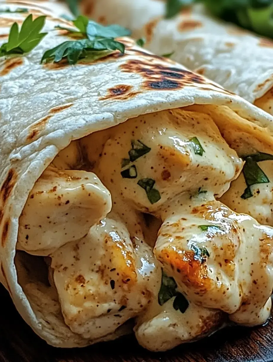 Eine Nahaufnahme eines Weizentortillas mit gewürfeltem Hähnchen und frischen Kräutern.