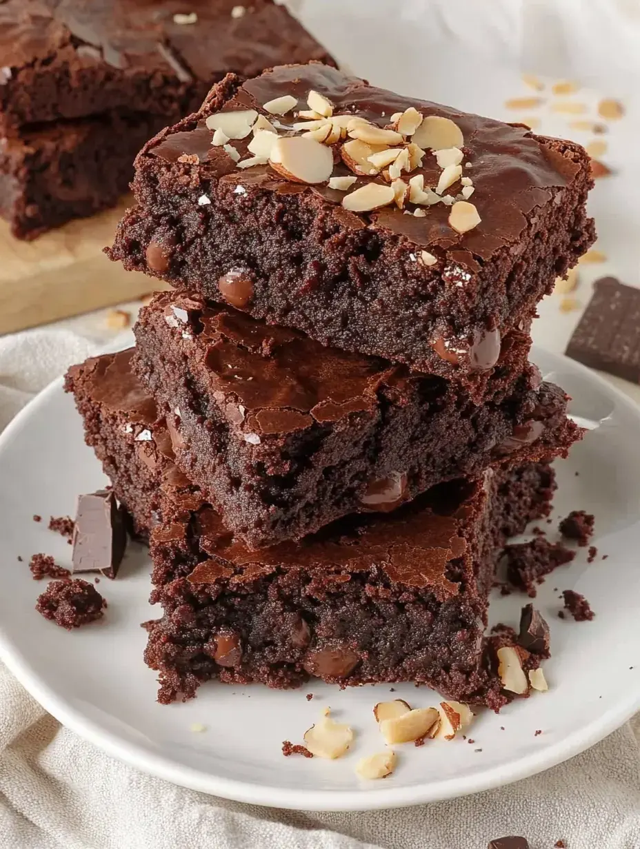 Mehrere Schokobrownies mit Mandelsplittern und Schokostücken auf einem Teller.