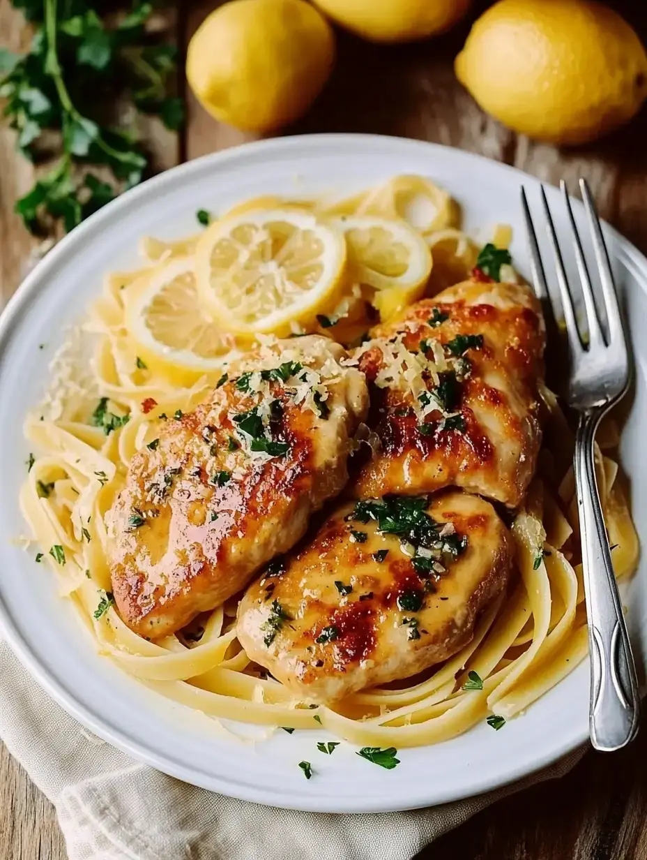 Pasta mit zarten Hähnchenfilets in Zitronenbuttersauce, dazu Petersilie und frische Zitronenscheiben serviert.