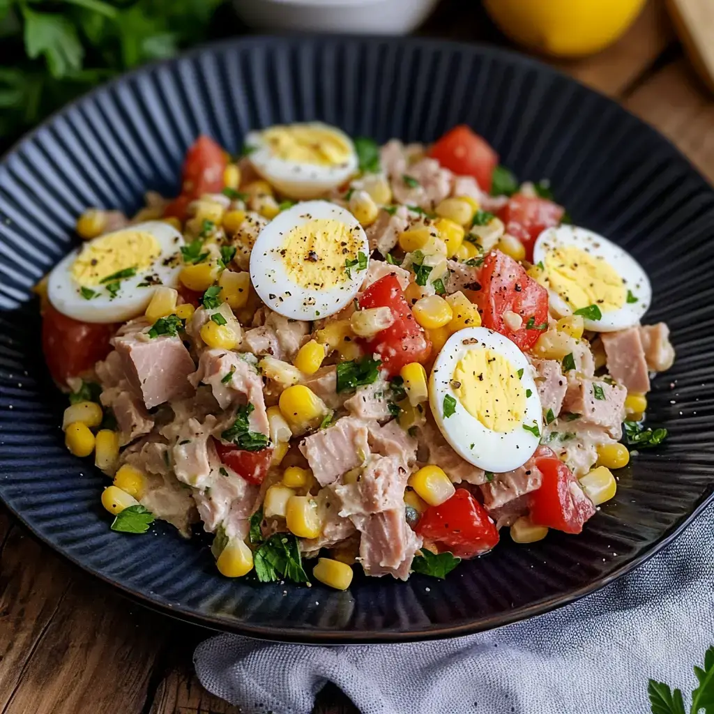 Bunter Teller mit Thunfisch, Ei, Mais, Tomaten und frischer Petersilie darauf.