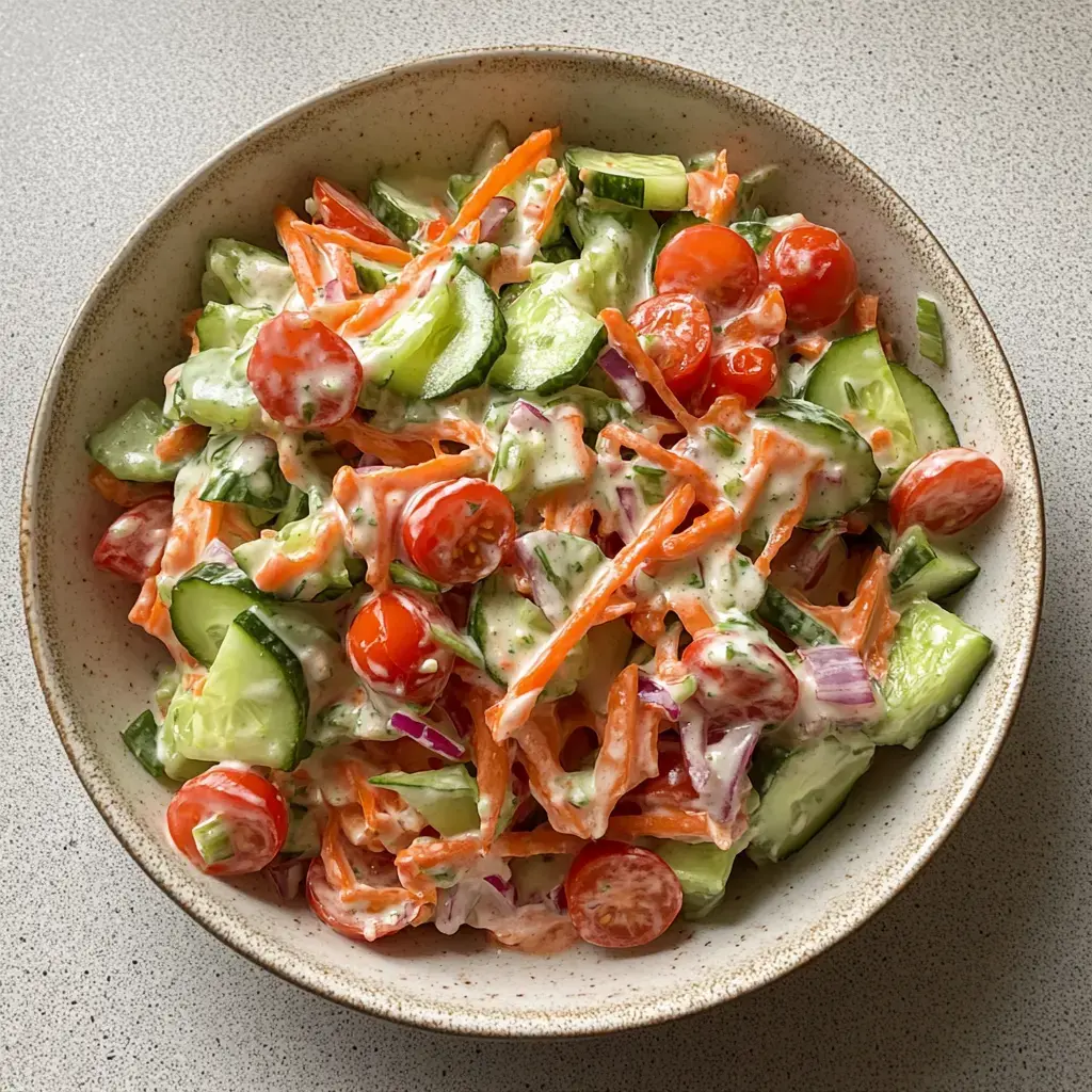 Ein frischer Teller Salat mit Gurken, Kirsch-Tomaten, geriebener Karotte und Zwiebelringen, hübsch mit cremigem Dressing oben drauf.